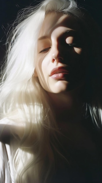 A girl with white hair and a light on her face