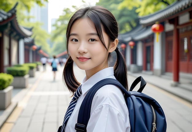 Photo a girl with a white shirt and a blue backpack