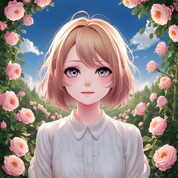 a girl with a white shirt and a pink flower in the background