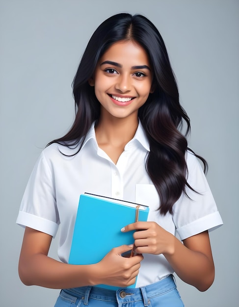 a girl with a white shirt that says quot she is holding a blue folder quot