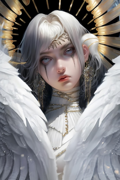 A girl with white wings and a white angel on her head