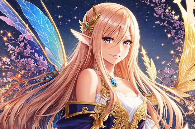 A girl with wings and a blue dress with a flower on her chest