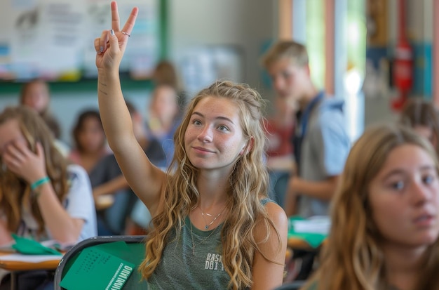 Photo a girl with the word peace on her shirt