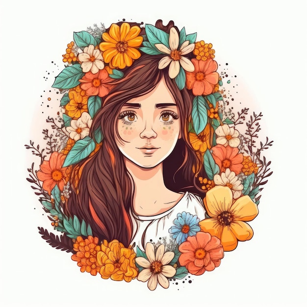 A girl with a wreath of flowers on her head.