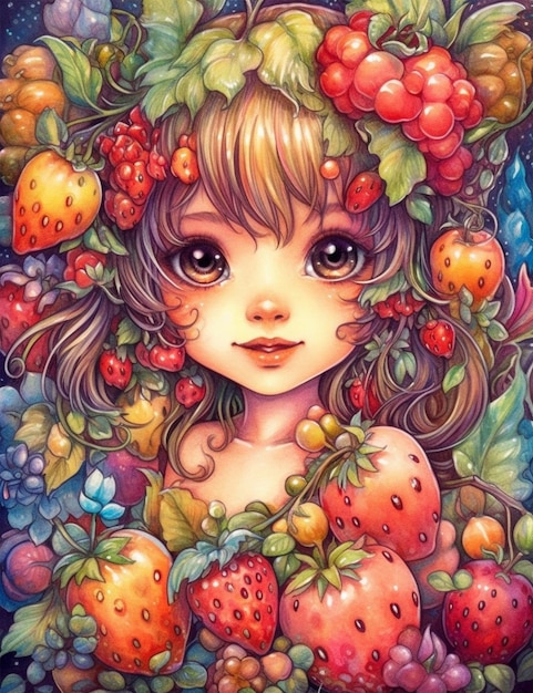 A girl with a wreath of strawberries on her head is surrounded by strawberries.