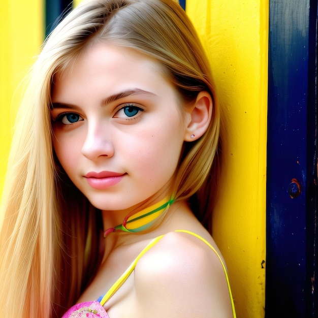 A girl with a yellow and blue strapless top is standing in front of a yellow wall.