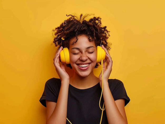 a girl with yellow headphones on her head with a yellow background