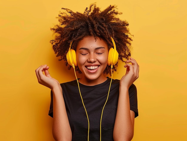 Photo a girl with yellow headphones that says quot i love you quot