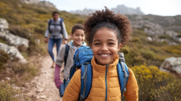 a girl with a yellow jacket and a backpack is smiling and wearing a yellow jacket