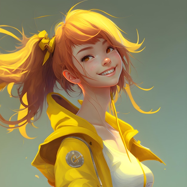 A girl with a yellow jacket that says " c " on it.