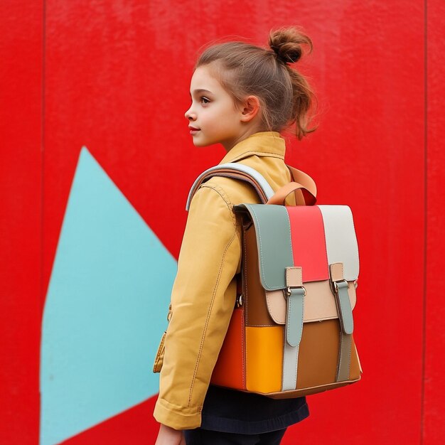 a girl with a yellow jacket and a yellow jacket is standing in front of a red wall with a blue triangle on it