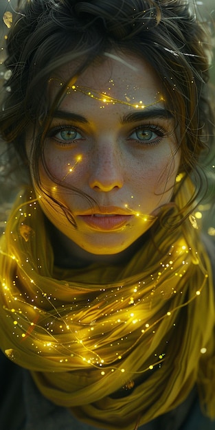 a girl with a yellow light on her face is surrounded by gold stars