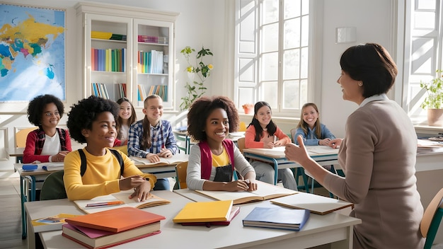 a girl with a yellow shirt is sitting at a table with other students