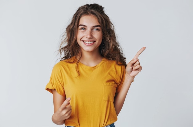 a girl with a yellow shirt that says  im pointing