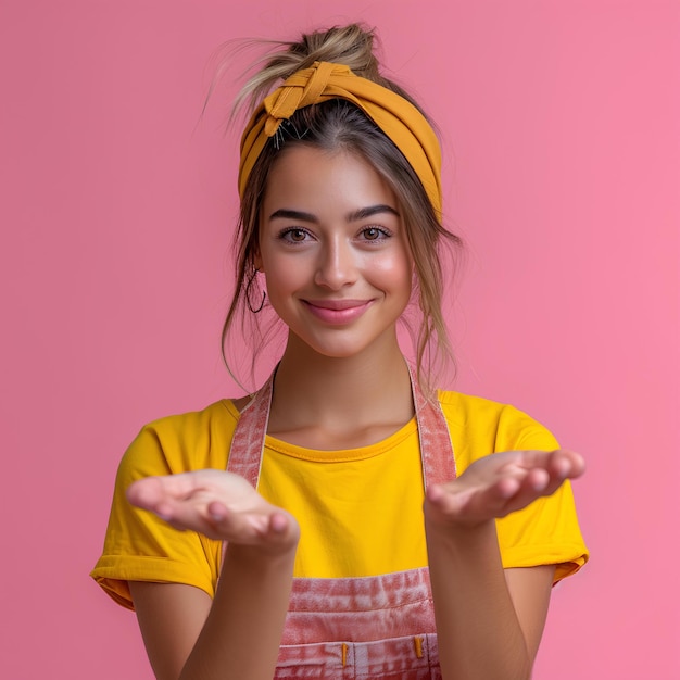 A girl with a yellow shirt and a yellow headband