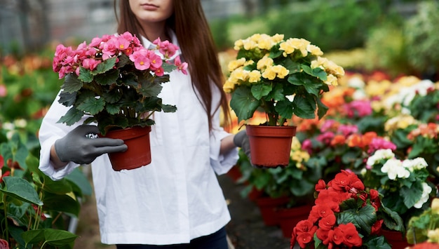 Girl in work clothes holding two pots in hands inside the greenhouse.