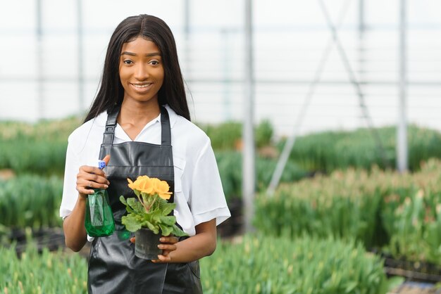 Girl, worker with flowers in greenhouse