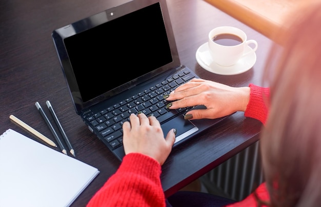 Girl working at laptop from home