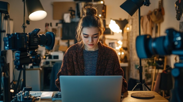 Photo a girl working on a laptop with a laptop in front of her