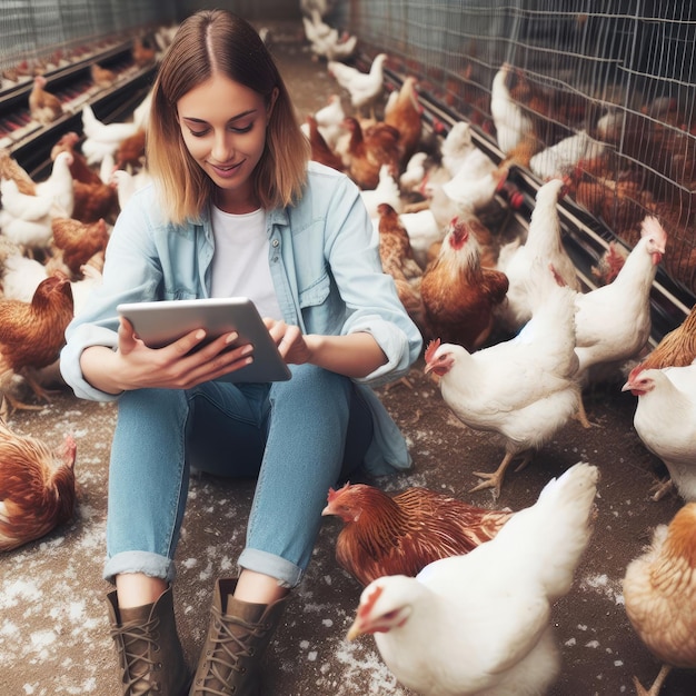 girl working writing on a tablet on a farm