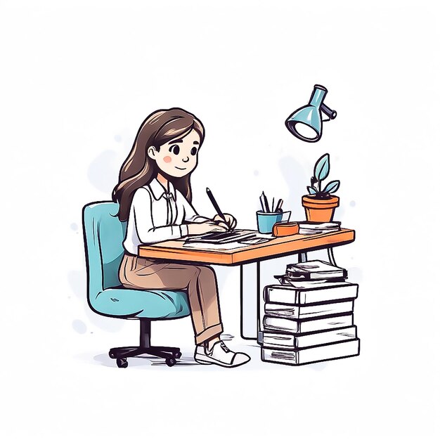 Girl works on the office desk hand drawn flat stylish cartoon sticker icon concept isolated