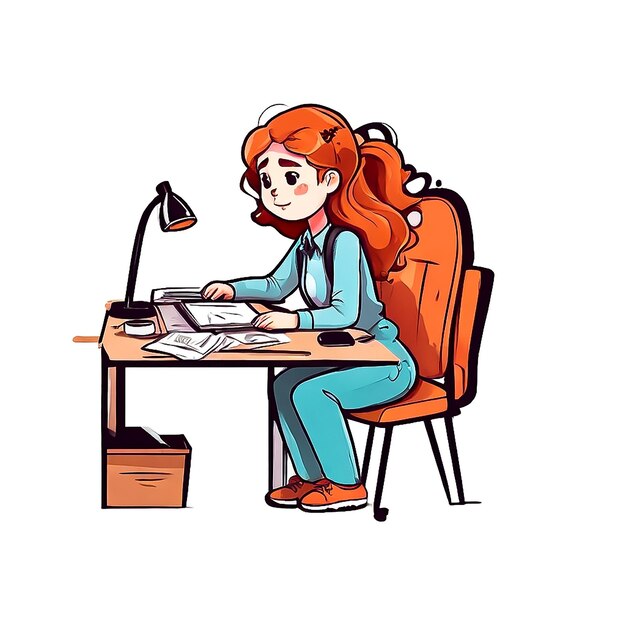 Girl works on the office desk hand drawn flat stylish cartoon sticker icon concept isolated