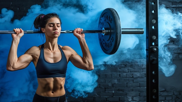 Girl works out in the gym against a background of exercise equipment and smoke