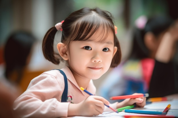 A girl works on a painting in a classroom.