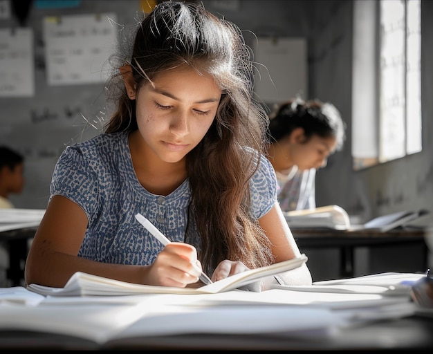 girl writing exam in the classroom ai generated