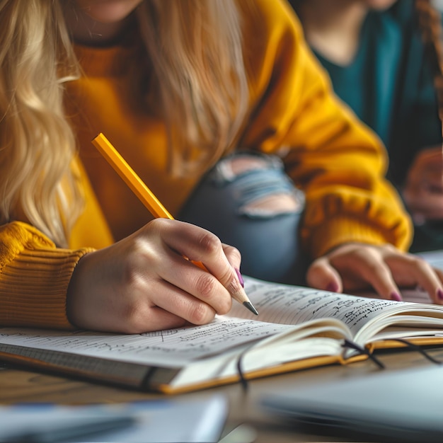 Photo a girl writing in a notebook with a pen in her hand