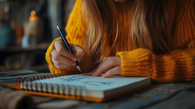 Photo a girl writing on a notebook with a pen in her hand