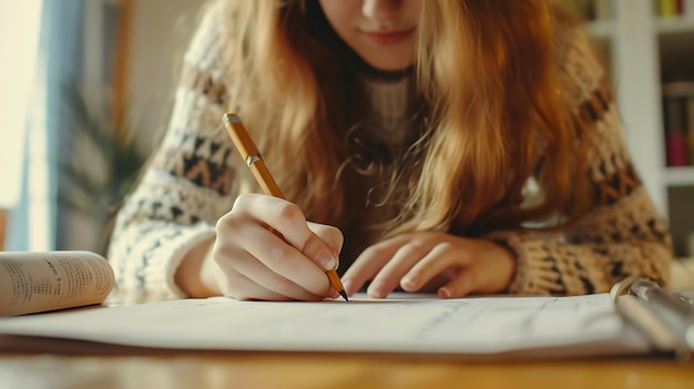 Photo a girl writing on a piece of paper with a pen in her hand