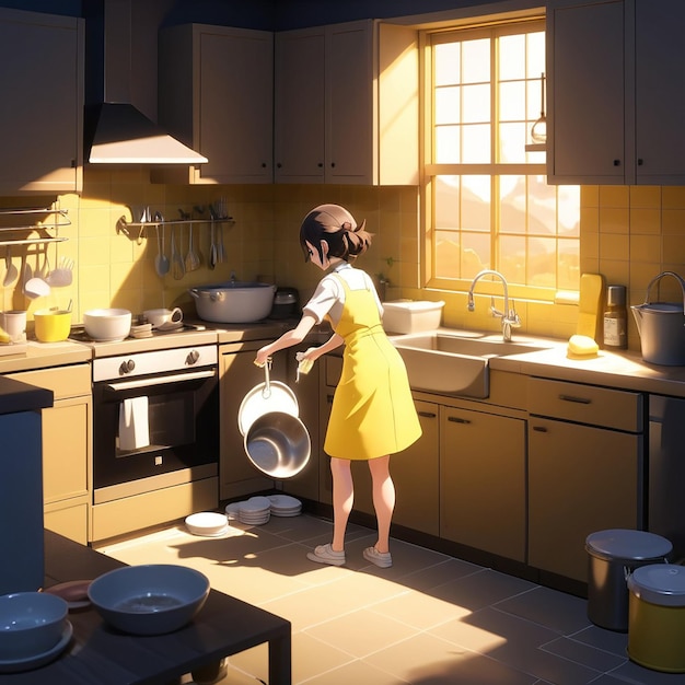 Photo a girl in a yellow and blue apron is washing a cake