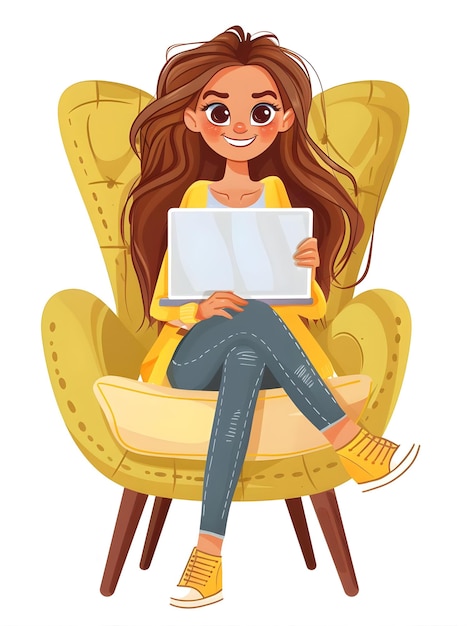 a girl in a yellow chair with a laptop on her lap