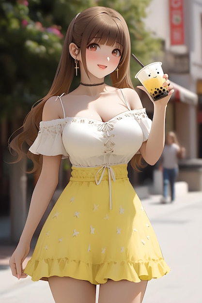 Girl in yellow dress holding a glass of bubble tea