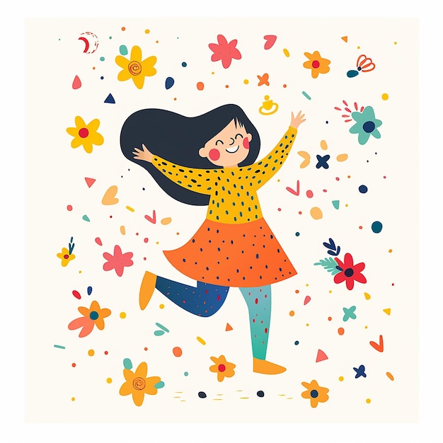 a girl in a yellow dress is dancing in the air surrounded by flowers