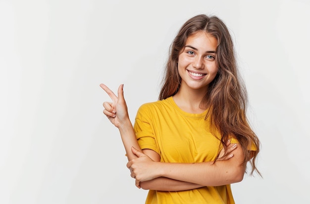 a girl in a yellow dress is pointing to the right and the word  on a white background