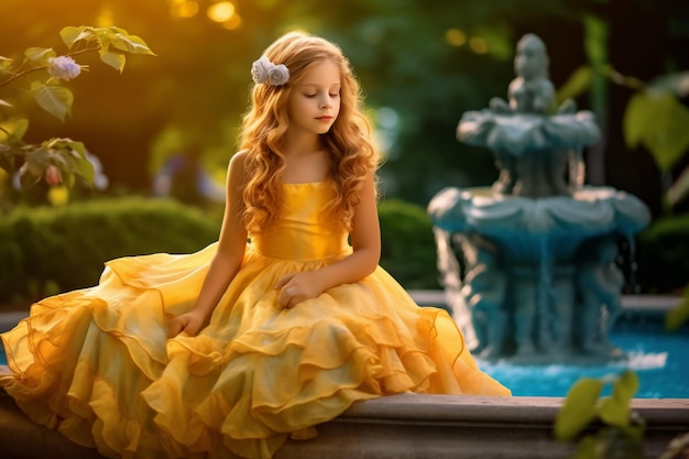 A girl in a yellow dress sits on a fountain in a garden