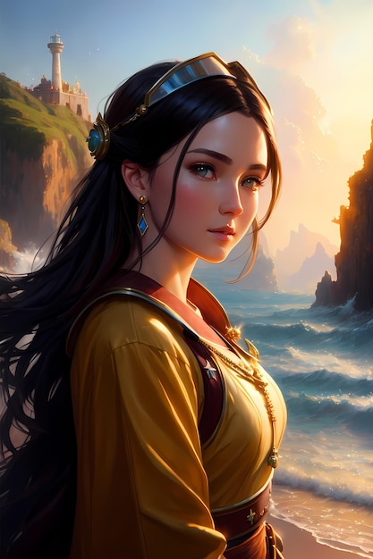 A girl in a yellow dress stands in front of a castle.