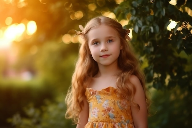 A girl in a yellow dress stands in the sun