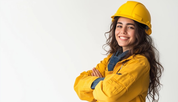 a girl in a yellow hard hat with her arms crossed