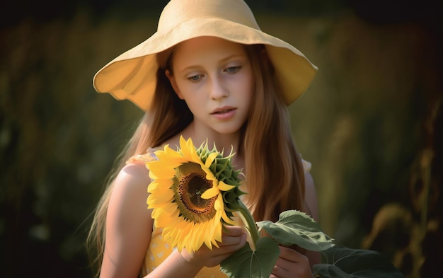 A girl in a yellow hat holds a sunflower in her hands