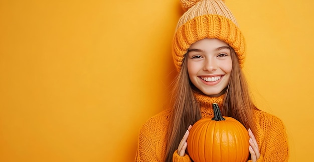 Photo a girl in a yellow hat smiles with pumpkins on the yellow background