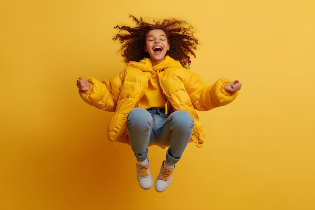 Photo a girl in a yellow jacket is jumping in the air with her arms up