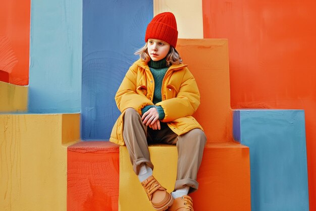 Photo a girl in a yellow jacket sits on a colorful steps