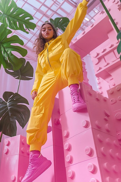 a girl in yellow jumpsuit is standing on a staircase