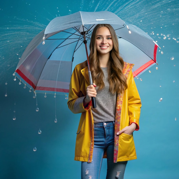 Photo a girl in a yellow raincoat is holding an umbrella