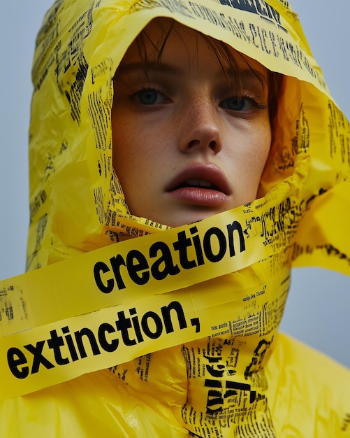 a girl in a yellow raincoat with the word creation on it