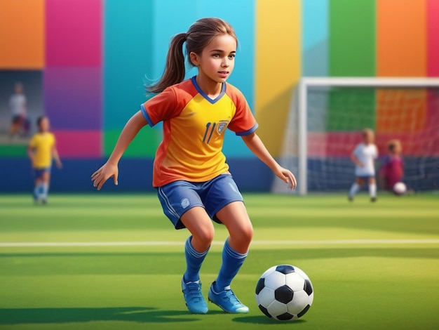 a girl in a yellow and red soccer jersey is playing soccer