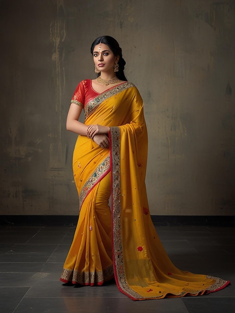 A girl in a yellow saree is standing and modeling